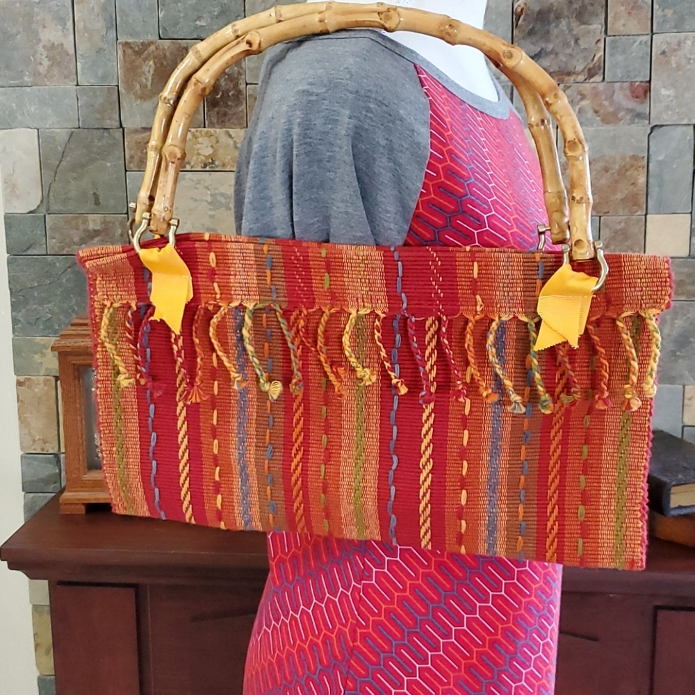 Handmade Boho Rust Multicolored Fringe Bamboo Handle Tapestry Fabric Handbag